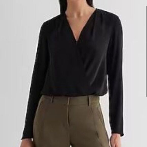 Express Black Satin Draped V-Neck Faux Wrap Thong Bodysuit NEW - Picture 1 of 10